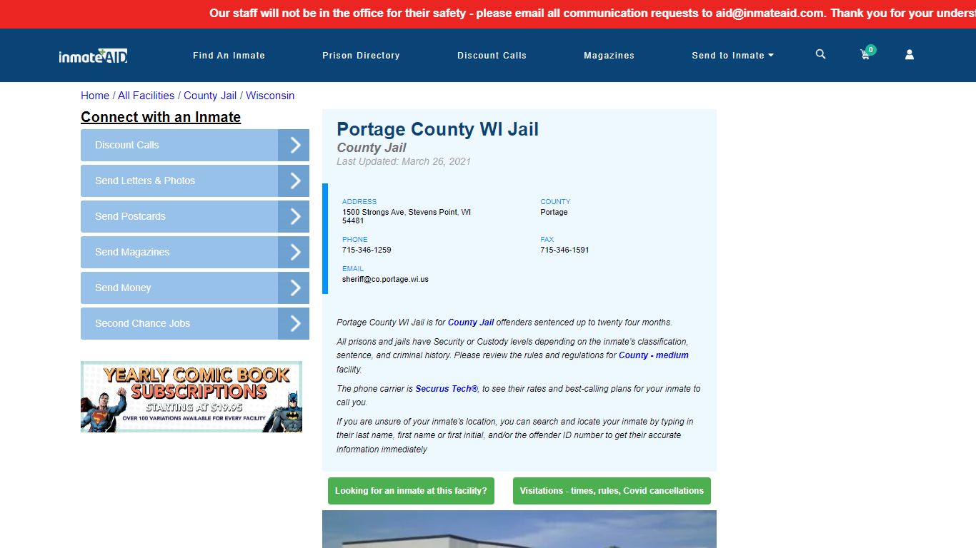 Portage County WI Jail - Inmate Locator - Stevens Point, WI